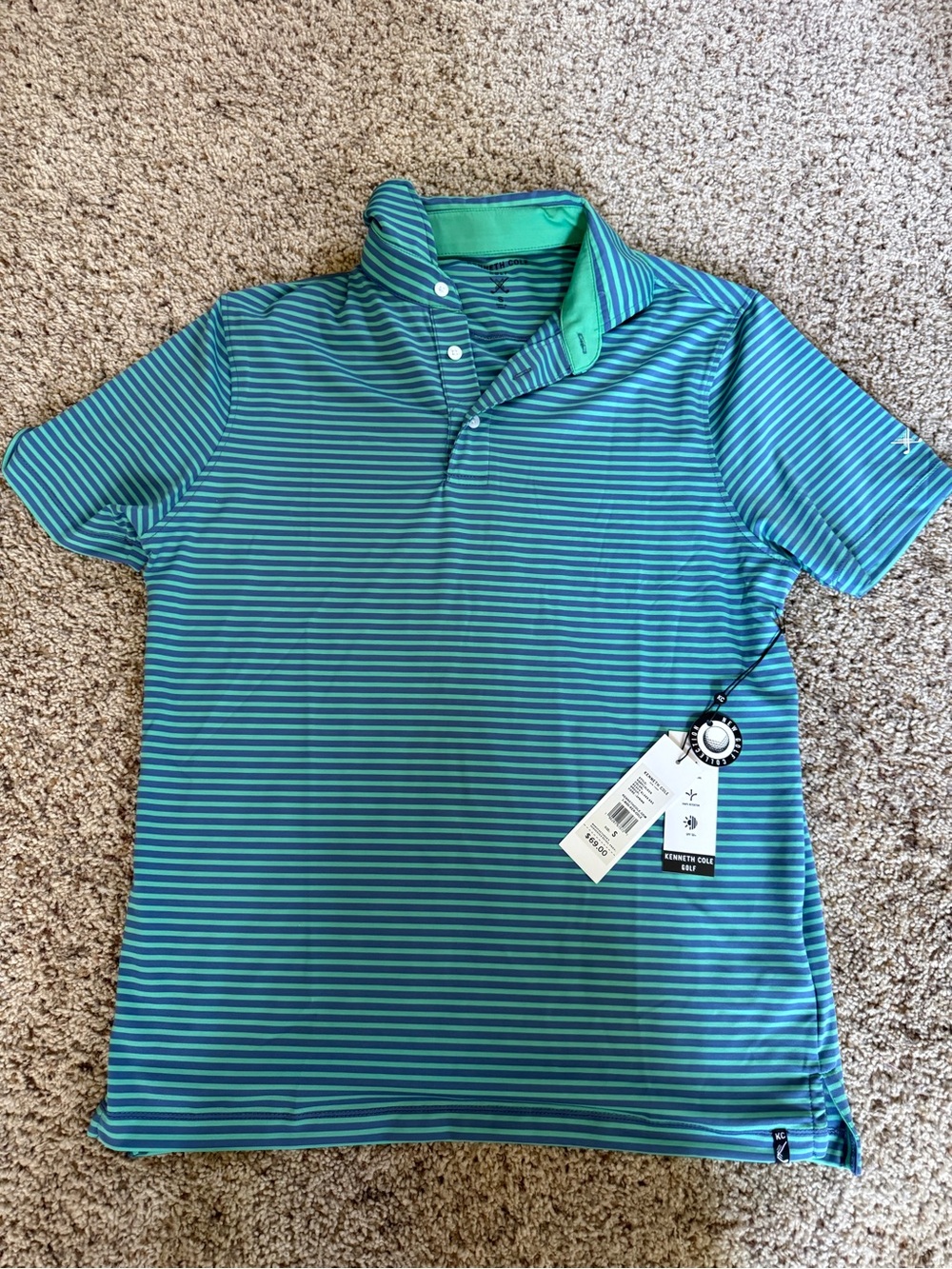 Kenneth Cole Teal Striped Polo with Green Collar Accent